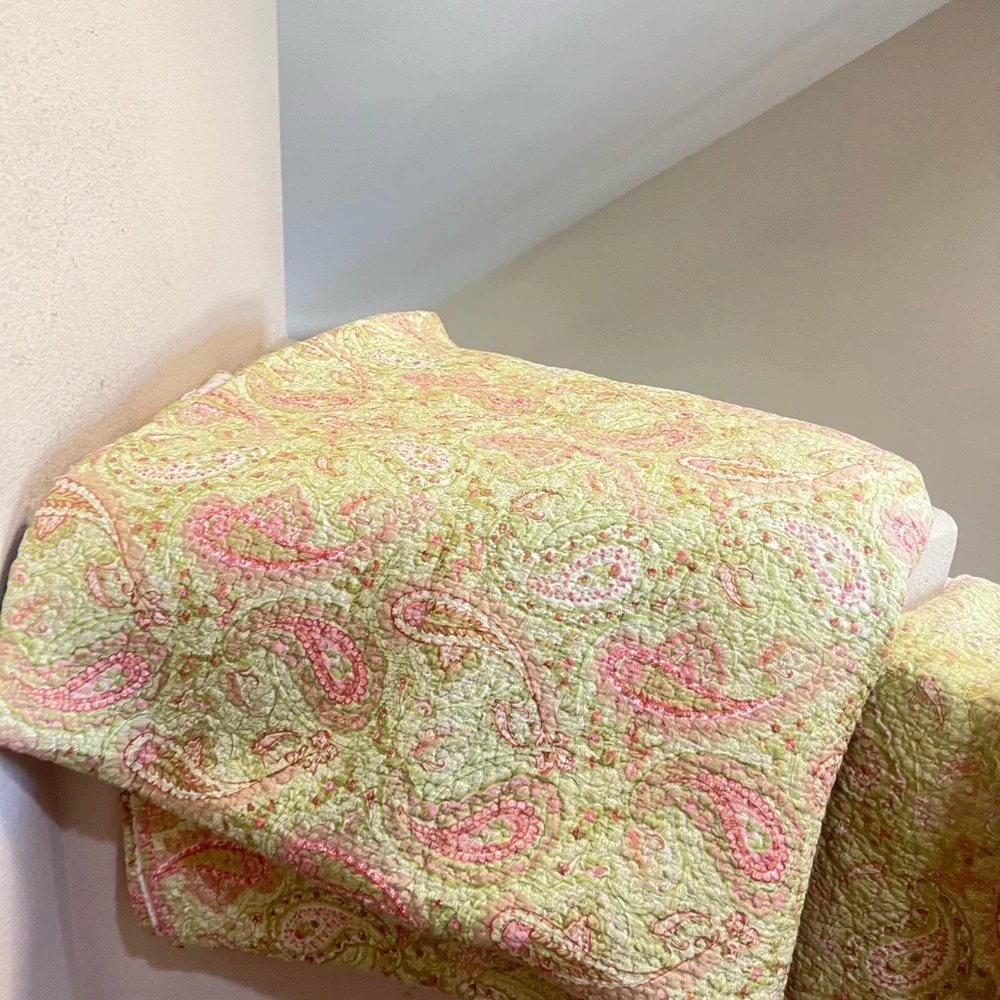 VNTG cotton Green & Pink paisley quilted twin size blanket Set with three sham